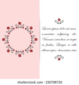 Greeting card or invitation design with ornate elements. Floral design with red roses on pink and white backgrounds