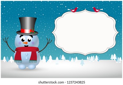 Greeting card, invitation, flyer template of cute cartoon snowman in top hat and scarf on snowy winter landscape background with copy space for text. Vector xmas, new year, valentines illustration