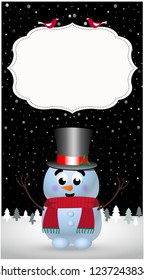 Greeting card, invitation, flyer template of cute cartoon snowman in top hat on snowy winter night landscape background with copy space for text. Vector christmas, new year, valentines illustration