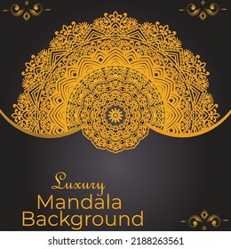Tarjeta de felicitación, invitación o plantilla de volante con adorno de mandala dorada. Ilustración vectorial dibujada por mano