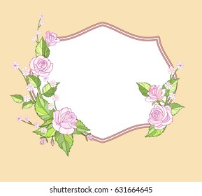 Greeting card or invitation frame with pink roses. Hand drawn vintage romantic floral frame for invitation and save the date.