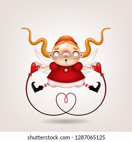 Greeting card, invitation. Funny little light-haired girl Cupid with a rope twisted in the shape of a heart in a jump posing on a light background. Vector illustration.