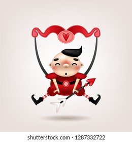 Greeting card, invitation. Funny little dark-haired boy with an arrow and a bow of cupid is posing on a light background. Vector illustration.