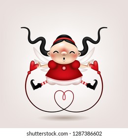 Greeting card, invitation. Funny little dark-haired girl Cupid with a heart-shaped twisted rope in a jump pose posing on a light background. Vector illustration.