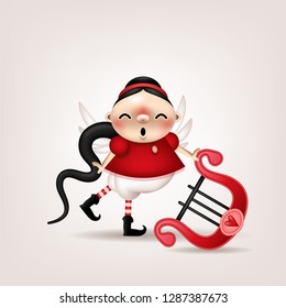 Greeting card, invitation. Funny little dark-haired girl with angel wings and harp in hand posing on a light background. Vector illustration.