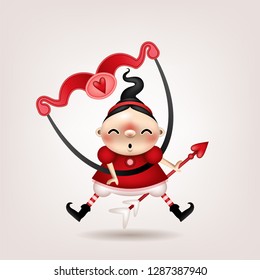 Greeting card, invitation. Funny little dark-haired girl with an arrow and a bow of cupid posing on a light background. Vector illustration.