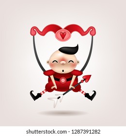 Greeting card, invitation. Funny little dark-haired boy with an arrow and a bow of cupid is posing on a light background. Vector illustration.