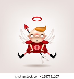 Greeting card, invitation. Funny little boy cupid posing on a light background. Vector illustration.