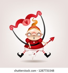 Greeting card, invitation. Funny little blonde girl with an arrow and a bow of cupid posing on a light background. Vector illustration.