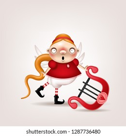 Greeting card, invitation. Funny little blonde girl with angel wings and harp in hand posing on a light background. Vector illustration.