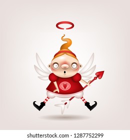 Greeting card, invitation. Funny little girl cupid posing on a light background. Vector illustration.