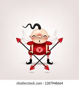 Greeting card, invitation. Funny little dark-haired boy with an arrow and a bow of cupid is posing on a light background. Vector illustration.