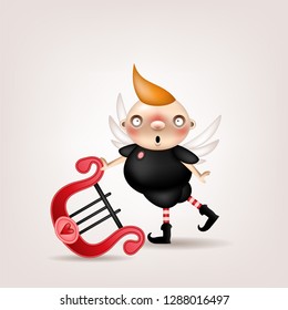 Greeting card, invitation. Funny little blonde boy , angel wings and harp in his hand posing on a light background. Vector illustration.