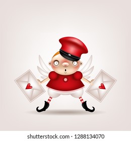 Greeting card, invitation. Funny little girl postman with angel wings and envelopes in his hands posing on a light background. Vector illustration.
