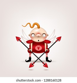 Greeting card, invitation. Funny little blond boy with angel wings and cupid's spears in his hands posing on a light background. Vector illustration.