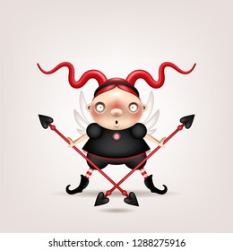 Greeting card, invitation. Funny little girl with red hair, angel wings and spears in his hands posing on a light background. Vector illustration.