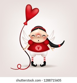 Greeting card, invitation. Funny little dark-haired girl with a heart-shaped balloon in her hand posing on a light background. Vector illustration.