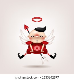 Greeting card, invitation. Funny little dark-haired boy Cupid posing on a light background. Vector illustration.