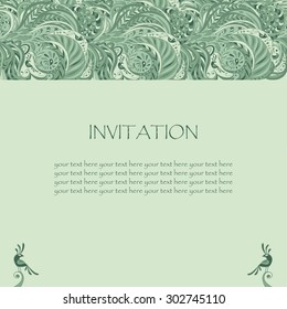 greeting card or invitation. in green.ornate vector border and place for your text. floral abstract decor and birds. hand drawn ornament . vector illustration