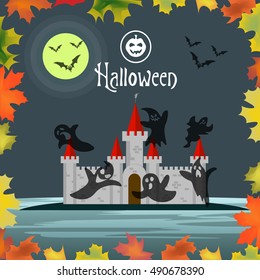 Greeting card or invitation Halloween. Silhouette pumpkins, ghosts and bats are flying over the castle at night. Vector illustration.