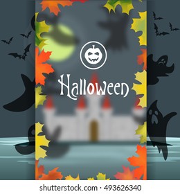 Greeting card or invitation Halloween. Silhouette pumpkins, ghosts and bats are flying over the castle at night. Vector illustration.