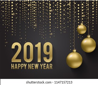 Greeting card, invitation with happy New year 2018 and Christmas. Metallic gold Christmas balls, decoration, shimmering, shiny confetti on a black background. Vector Illustration