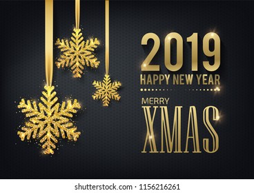 Greeting card, invitation with happy New year 2019 and Christmas. Metallic gold Christmas snowflake, decoration, shimmering, shiny confetti on a black background. Vector Illustration
