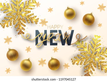 Greeting card, invitation with happy New year 2019. Gold Christmas ball, with an ornament and spangles. Metallic gold Christmas snowflake. Hand drawn lettering. Vector illustration