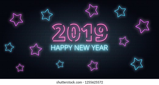 Greeting card, invitation with happy New year 2019.Christmas lettering in Neon style on brick background. Blue and Purple neon colors, neon stars. Hand drawn lettering. Vector