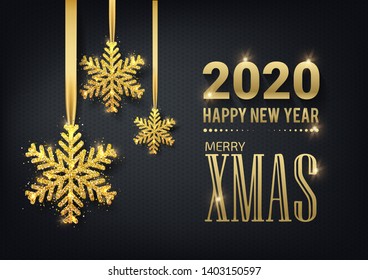 Greeting card, invitation with happy New year 2019 and Christmas. Metallic gold Christmas balls, decoration, shimmering, shiny confetti on a black background. Vector Illustration