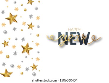 Greeting card, invitation with happy New year 2021 and Christmas. Lettering "Happy New Year". Metallic gold stars, decoration, shimmering on a white background. Vector Illustration