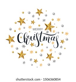 Greeting card, invitation with happy New year 2020 and Christmas. Lettering "Merry Christmas". Metallic gold stars, decoration, shimmeringon a white background. Vector Illustration