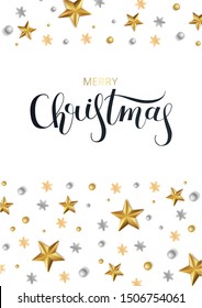 Greeting card, invitation with happy New year 2020 and Christmas. Lettering "Merry Christmas". Metallic gold stars, decoration, shimmeringon a white background. Vector Illustration