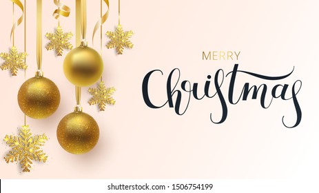 Greeting card, invitation with happy New year 2020 and Christmas. Metallic gold and snowflake Christmas balls, decoration, shiny confetti on a white background. Vector Illustration