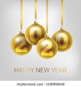 Greeting card, invitation with happy New year 2020 and Christmas. Metallic gold Christmas balls, decoration, shimmering, shiny confetti on a white background. Hand written lettering. Vector 