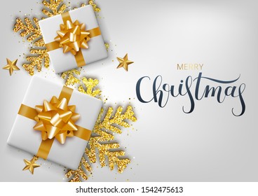 Greeting card, invitation with happy New year 2020. Hand written lettering. Metallic gold Christmas snowflake and gift box on a white background. Vector Illustration