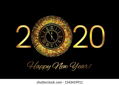 Greeting card or invitation happy new year 2020. Gold frame disco lights in the style of halftone. New Year party and concept Xmas. vector illustration