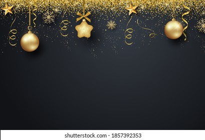Greeting card, invitation with happy New year 2021 and Christmas. Metallic gold Christmas balls, decoration, shimmering, shiny confetti on a black background. Vector