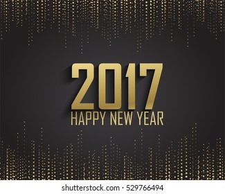 Greeting card, invitation with happy New year 2017 and Christmas. Metallic gold Christmas balls, decoration, shimmering, shiny confetti on a black background. Vector Illustration