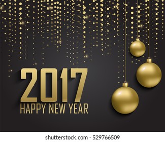 Greeting card, invitation with happy New year 2017 and Christmas. Metallic gold Christmas balls, decoration, shimmering, shiny confetti on a black background. Vector Illustration