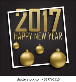 Greeting card, invitation with happy New year 2017 and Christmas. Metallic gold Christmas balls, decoration, shimmering, shiny confetti on a black background. Vector Illustration.