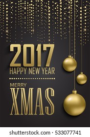 Greeting card, invitation with happy New year 2017 and Christmas. Metallic gold Christmas balls, decoration, shimmering, shiny confetti on a black background. Vector Illustration