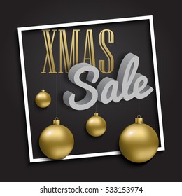Greeting card, invitation with happy New year 2018. Big winter sale. Metallic gold Christmas balls, decoration, shimmering, 3D text, shiny confetti on a black background. Vector Illustration