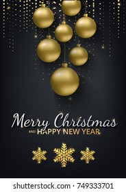 Greeting card, invitation with happy New year 2018 and Christmas. Metallic gold Christmas balls, decoration, shimmering, shiny confetti on a black background. Vector Illustration