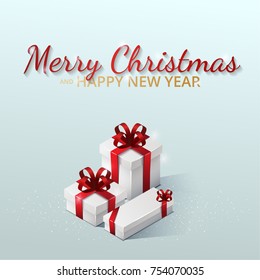 Greeting card, invitation with happy New year 2021 and Christmas. Gift boxes with bows and ribbons. Isometric illustration on blue background. 3D realistic icons. Vector 