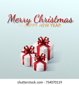Greeting card, invitation with happy New year 2018 and Christmas. Gift boxes with bows and ribbons. Isometric illustration on blue background. 3D realistic icons. Vector 