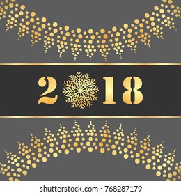 Greeting card, invitation with happy New year 2018 and Christmas. Metallic gold Christmas balls, decoration, shimmering, shiny confetti on a black background. Vector Illustration