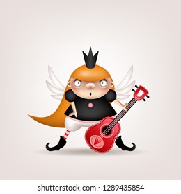 Greeting card, invitation for a holiday or a party. Funny little blonde girl in a crown with a guitar in hand posing on a light background. Vector illustration.