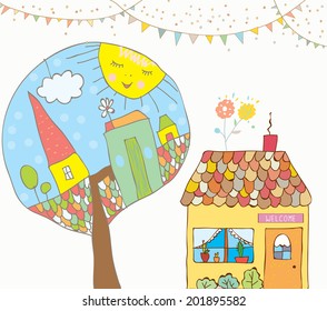 Greeting card or invitation with house, trees, bunting flags for kids - funny background