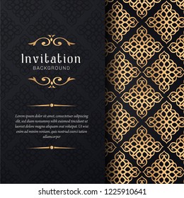 Greeting card invitation with lace and floral ornaments,  Gold ornamental pattern background illustration,